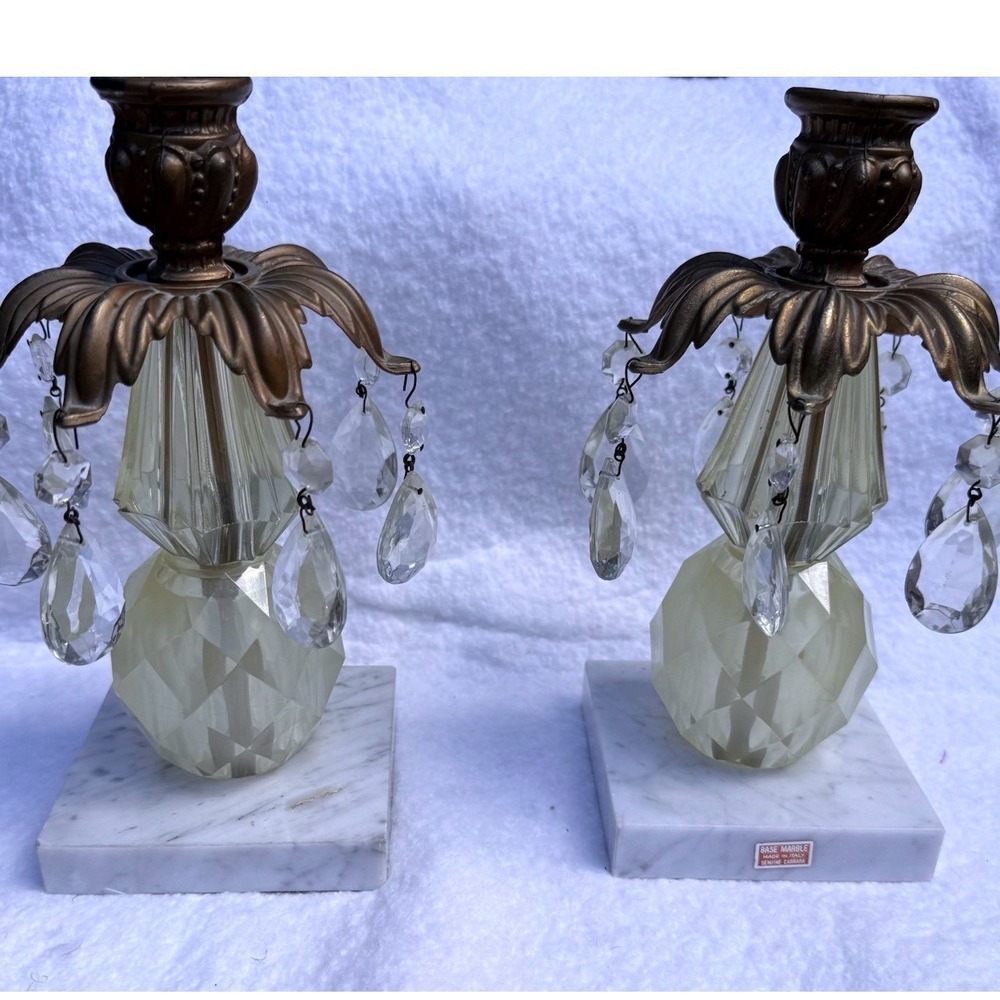 Vintage 1960s Italian Candle Holders-Carrara Marble Base & Chrystal Prisms-Pair
